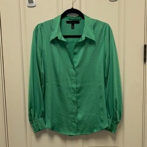 White House Black Market Emerald Green Silk-Feel Button Down Shirt